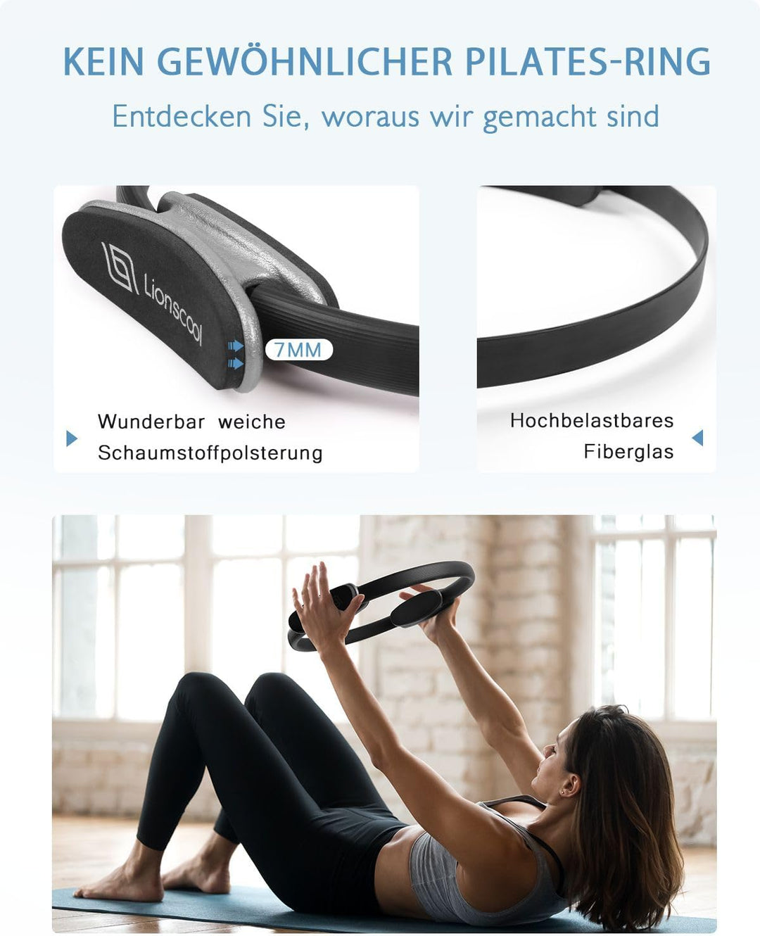 LIONSCOOL Pilates-Ring-Set – 14“/35cm Magic Circle mit Doppelgriffen – Inkl. platzfestem Miniball, W