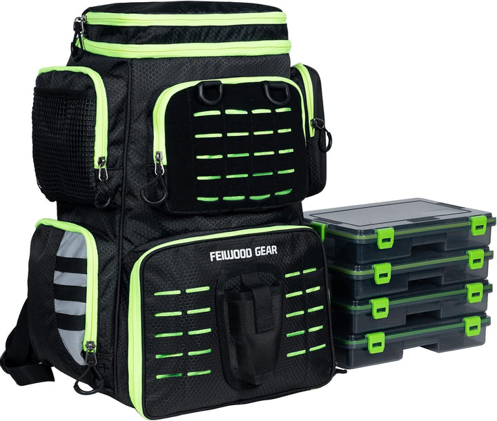 FEIWOOD GEAR Angelausrüstungs-Rucksack mit 4 Angelboxen, grosser Stauraum – widerstandsfähiger Angel