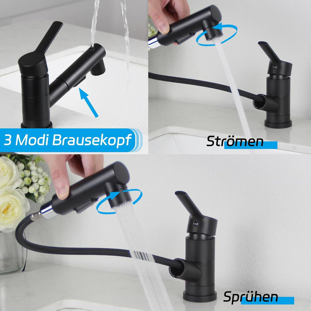 Wasserhahn Bad Schwarz, SEMANEY Hochdruck Waschtischarmatur mit Brause 3 Wasserstrahlarten, 180° Dre