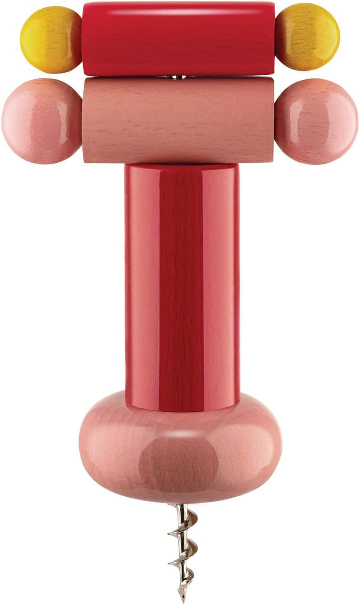 Alessi ES17 2 Korkenzieher aus Buchenholz, rot, gelb und rosa 100 Values Collection, Steel