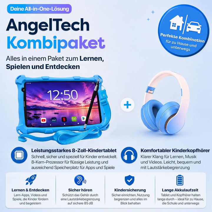 AngelTech Kinderpaket PRO MAX - Kinder Tablet PRO MAX + Kinder Kopfhörer - Android 14 - Kombi Paket