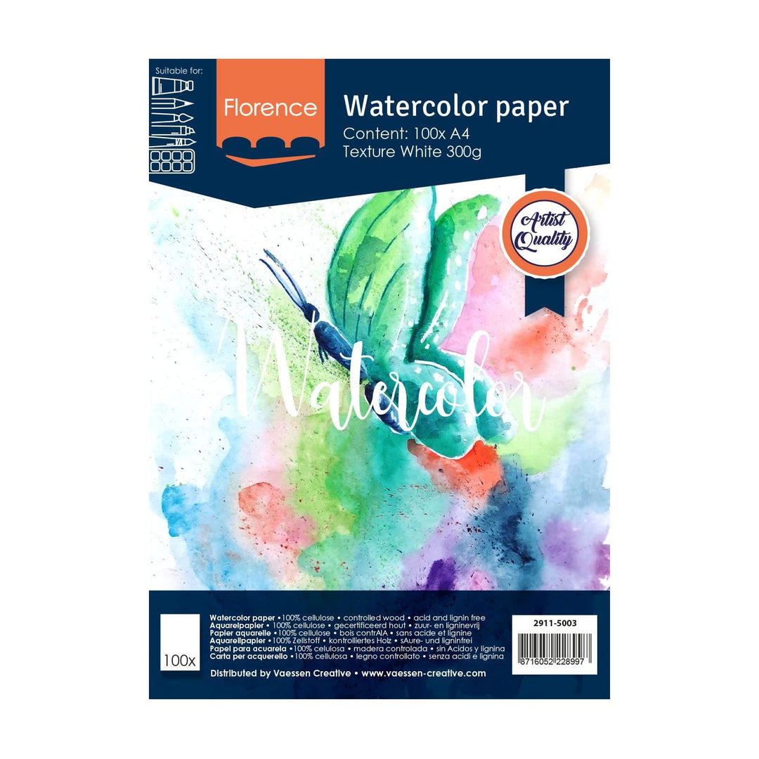 Vaessen Creative Florence Aquarellpapier A4, Weiss, 300 g/m² Strukturiertes Papier, 10 Blatt für Aqu