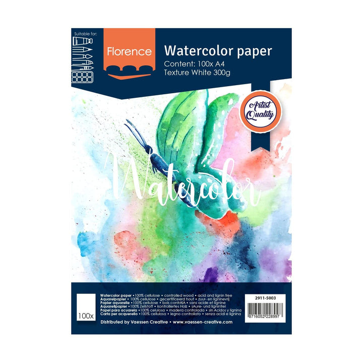 Vaessen Creative Florence Aquarellpapier A4, Weiss, 300 g/m² Strukturiertes Papier, 10 Blatt für Aqu