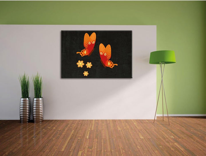 Pixxprint prachtvolle Schmetterlinge mit Blumen schwarz, Format: 100x70 auf Leinwand, XXL riesige Bi