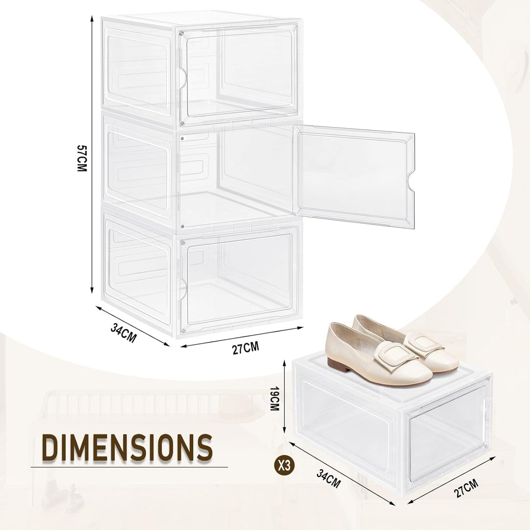 WOLTU Schuhboxen, 3er Set stapelbare Schuhbox, Schuhkarton Schuhkasten, mit magnetischer Tür, transp