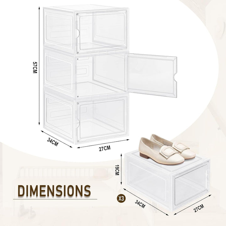 WOLTU Schuhboxen, 3er Set stapelbare Schuhbox, Schuhkarton Schuhkasten, mit magnetischer Tür, transp