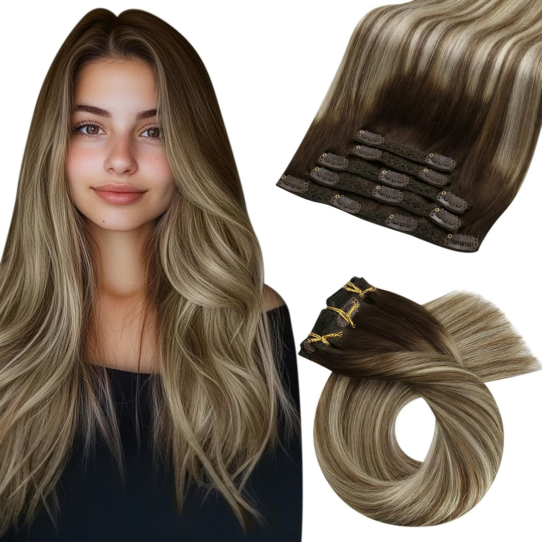 Moresoo Clip in Extensions Echthaar Remy Braun Extension Echthaar Clips Dunkelbraun bis Hellbraun mi