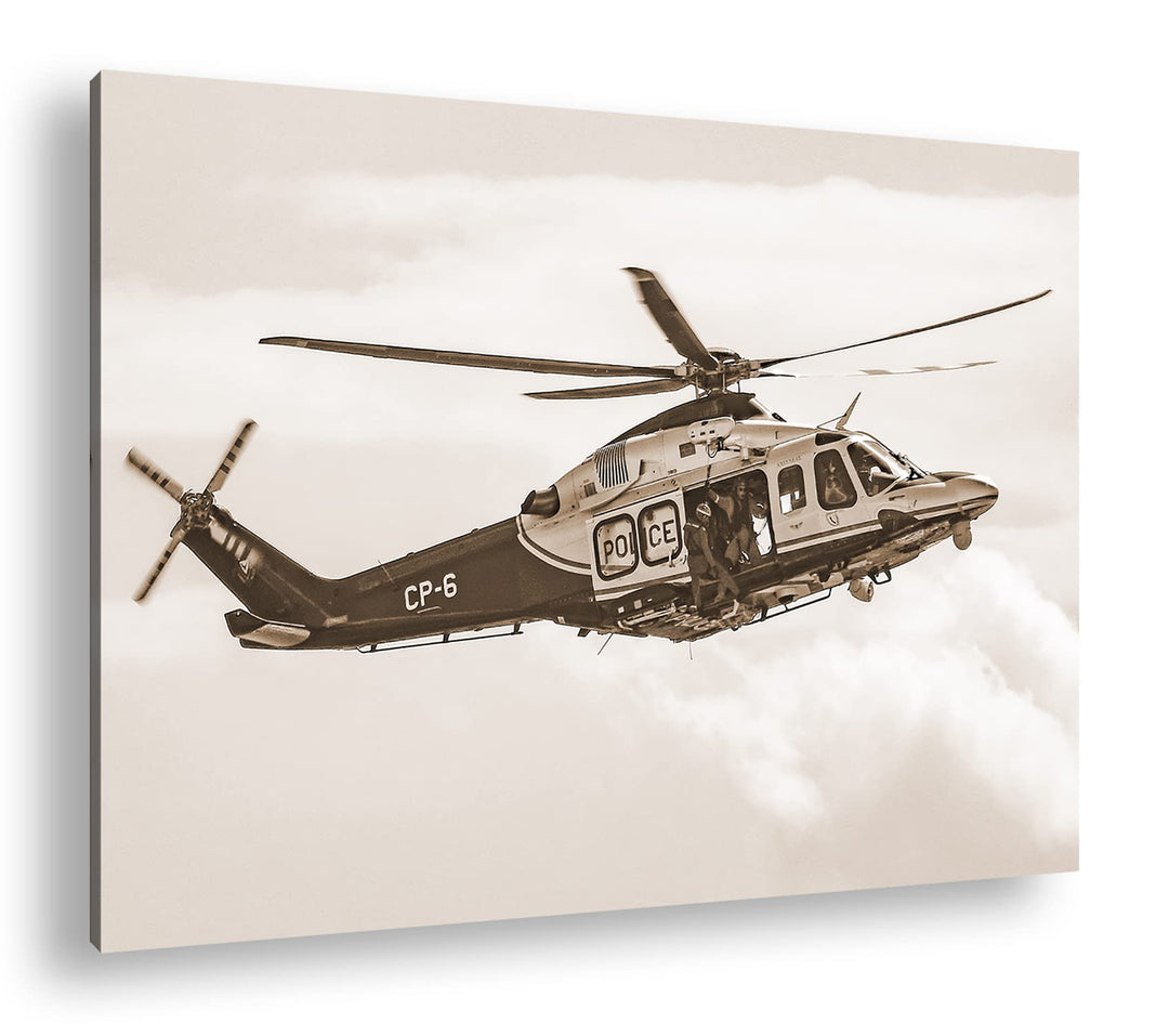 deyoli Helikopter im Einsatz Effekt: Sepia Format: 80x60 als Leinwandbild, Motiv fertig gerahmt auf