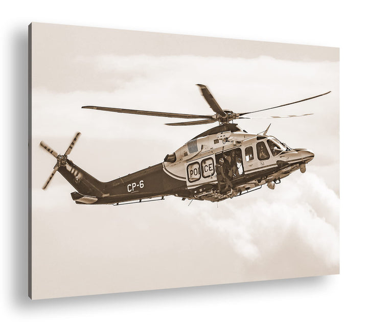 deyoli Helikopter im Einsatz Effekt: Sepia Format: 80x60 als Leinwandbild, Motiv fertig gerahmt auf