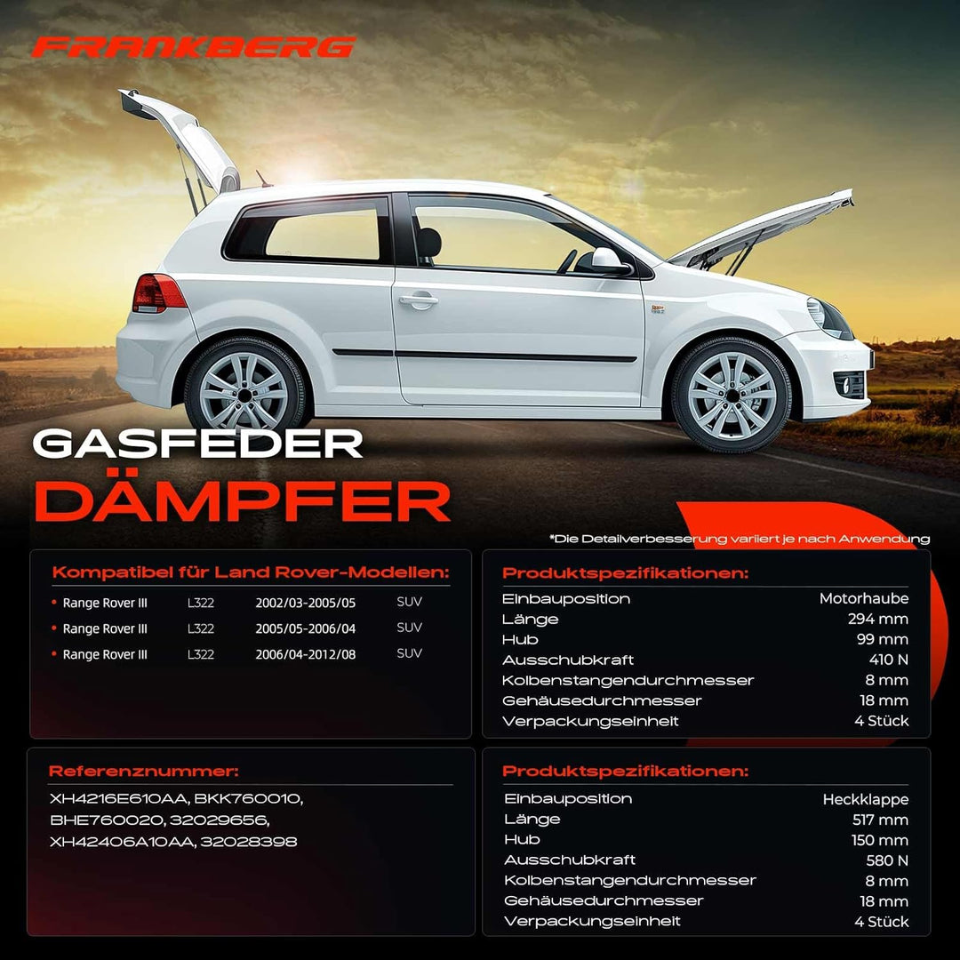 Frankberg 4x Gasfeder Heckklappe Motorhaube Kompatibel mit R.a.n.g.e R.o.v.e.r III LM 2.9L-5.0L SUV