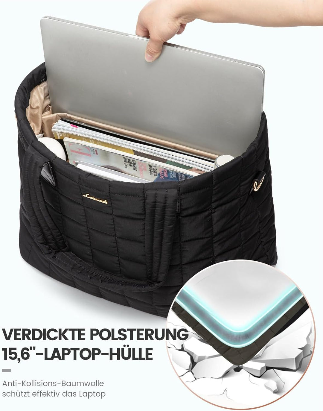 LOVEVOOK Laptoptasche Damen 15,6 Zoll，Laptop Handtasche Arbeitstasche Gross，Puffer Shopper Tasche Sc