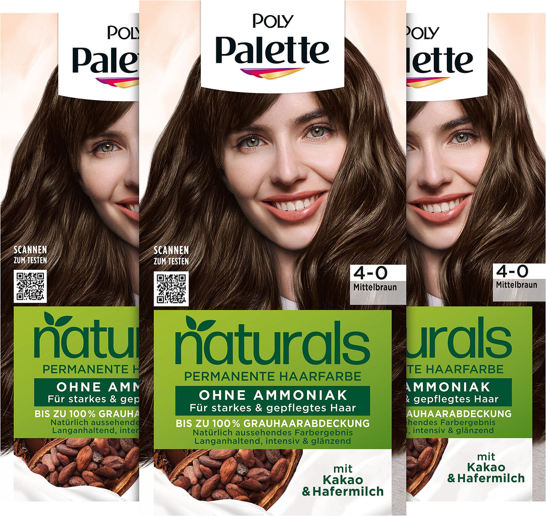 Palette Naturals Permanente Haarfarbe 4-0 Mittelbraun (3 x 115 ml), pflegende Haarfarbe ohne Ammonia