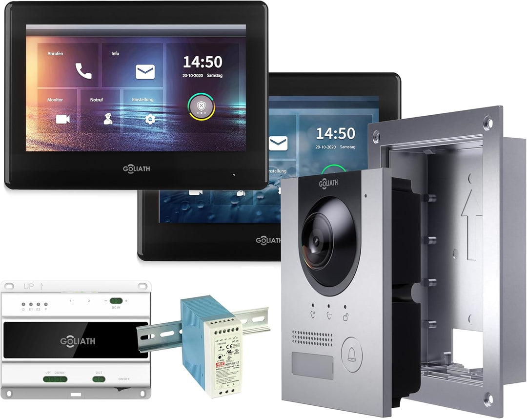 GOLIATH Full-HD Video Türsprechanlage, Unterputz Türstation in Silber, 1 Familienhaus Set, 2X Touchs