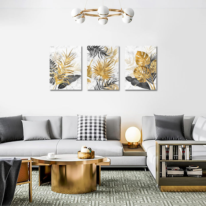 3 Teilig Leinwandbilder Bilder mit Rahmen Abstrakt Grau Gold Blätter bild auf leinwand Wandkunst Mod