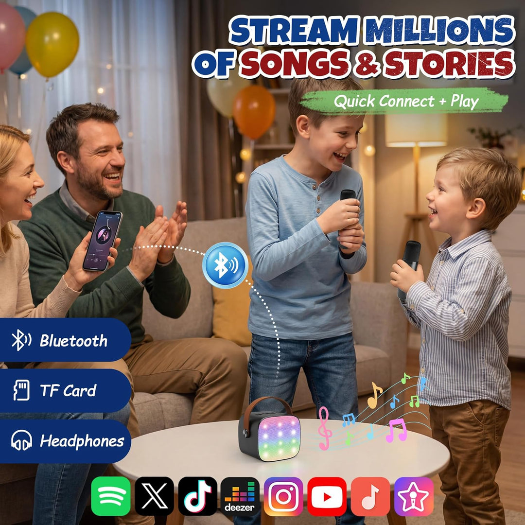 YLL Mini-Karaoke-Maschine für Kinder, tragbarer Bluetooth-Lautsprecher mit 2 kabellosen Mikrofonen,