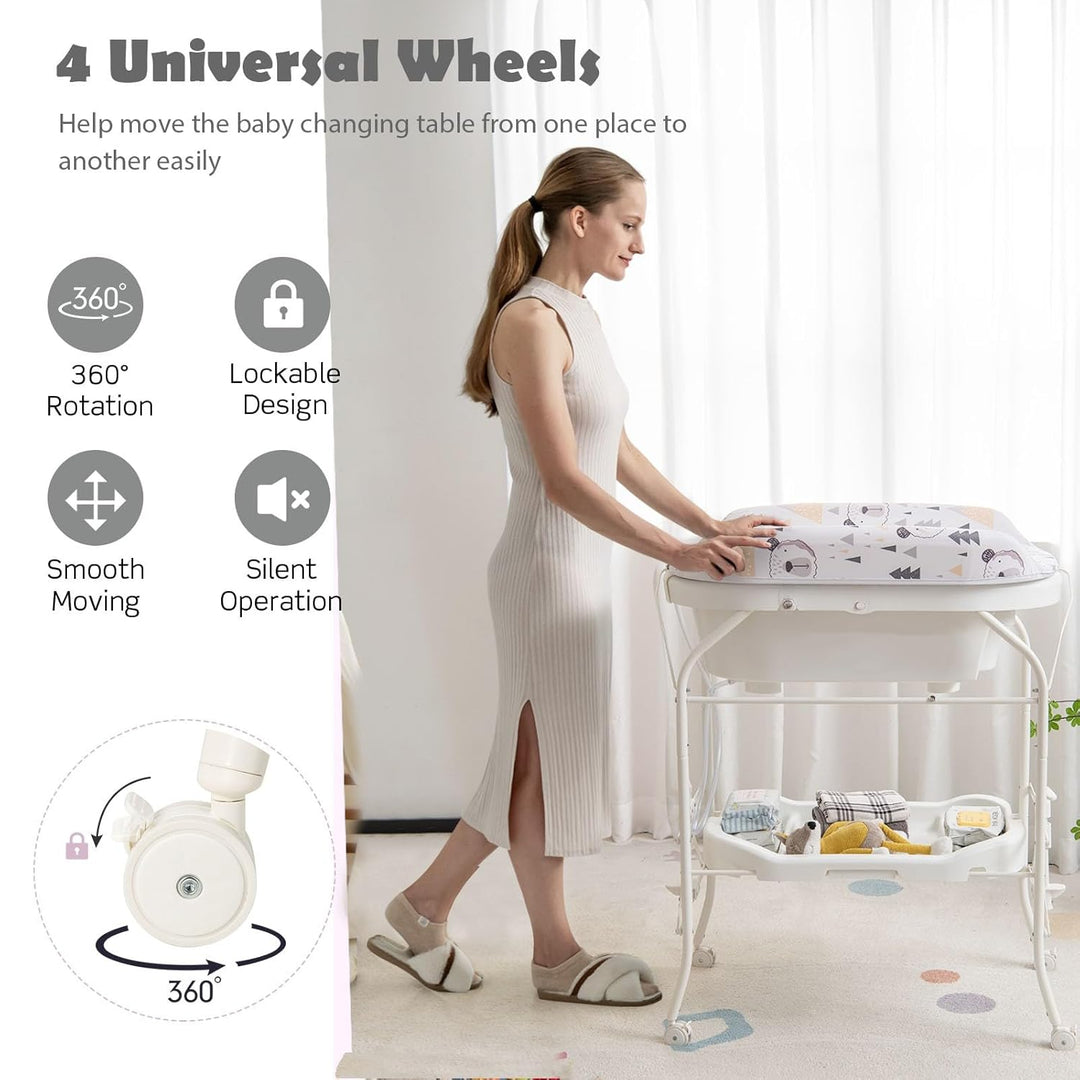 LIFEZEAL Wickeltisch mit Badewanne, 2 in 1 Flatbare Bade-Wickelkombination auf Räder, Badewannenaufs