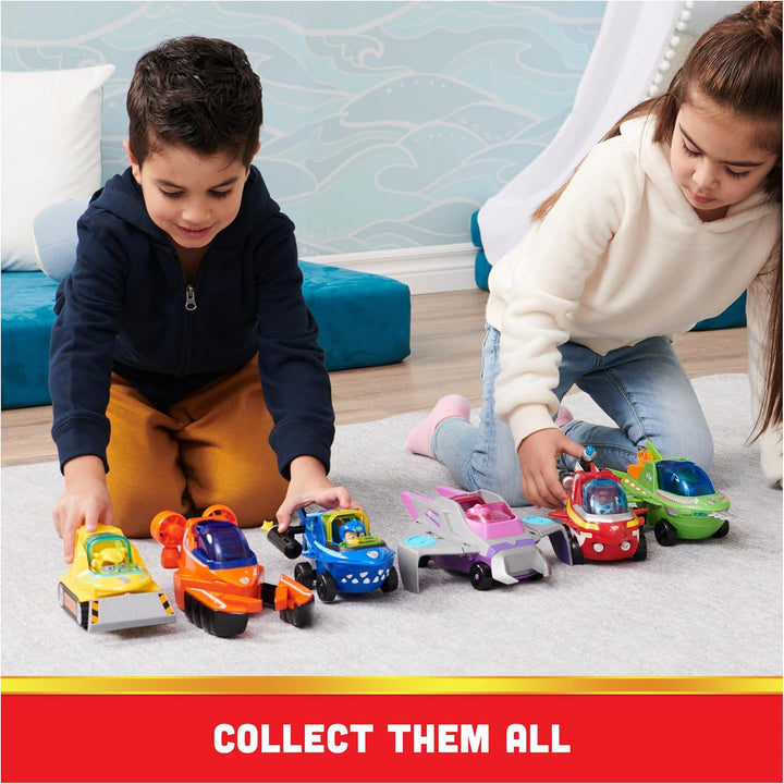 PAW PATROL, Aqua Pups - Basis Fahrzeug Spielzeugauto im Hammerhai-Design mit Rubble Welpenfigur, Spi