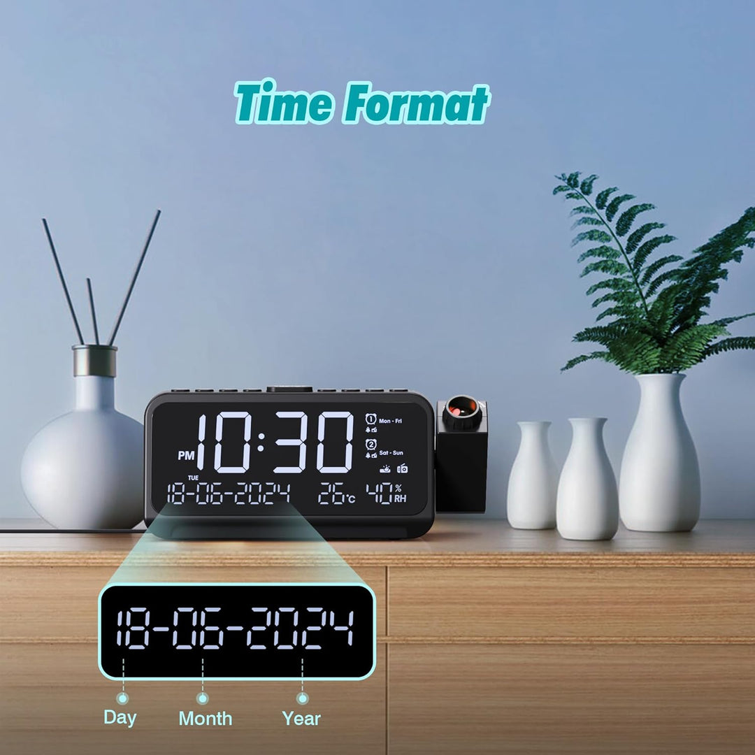 Mesqool Radiowecker mit 320° Projektor, Digitaluhr für Schlafzimmer, USB/Type-C-Anschluss, Doppelala