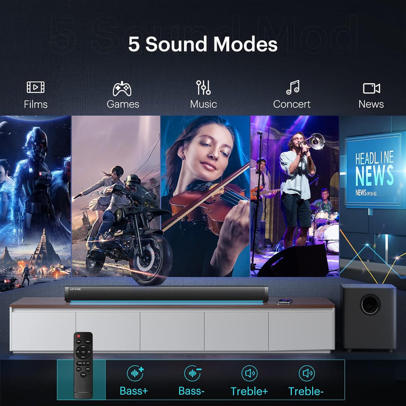 LEFANDI Soundbar Mit Subwoofer für TV Geräte, Bluetooth Lautsprecher PC Soundbar 2.1 Kanal Surround