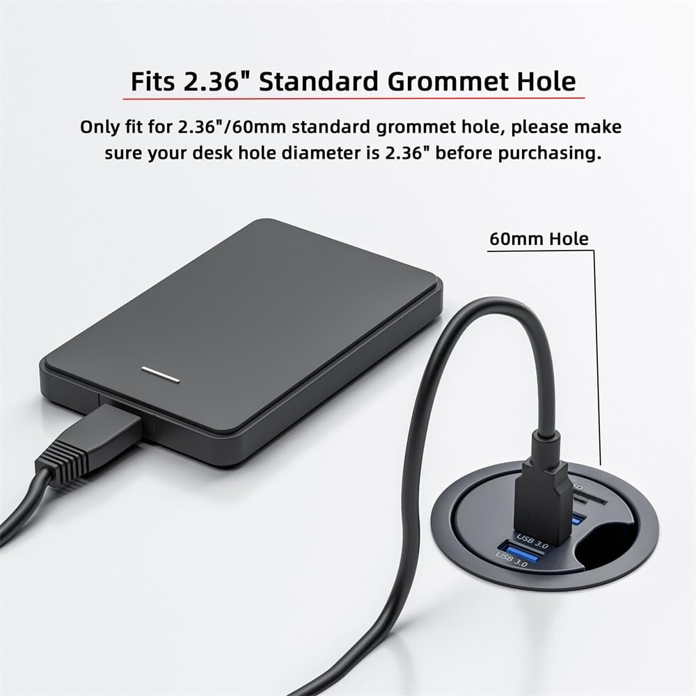 xiwai USB 3.0 Hub Splitter, SD TF 3 Port USB Multiport Expander 60mm Desk Grommet Dock Station Micro