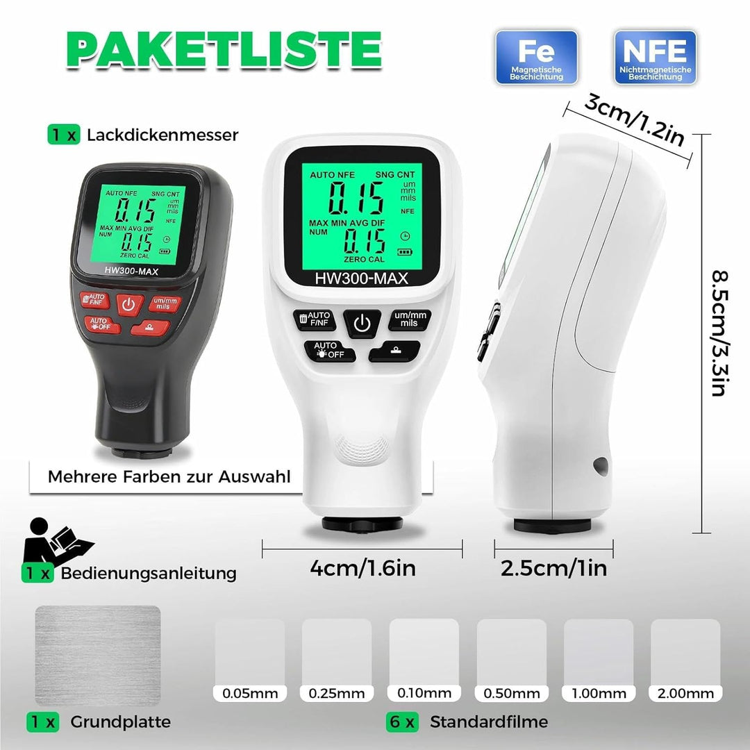 Digitales Lackmessgerät Auto, 0-2000 µm Lackdickenmessgerät für Auto, Einheitenumrechnung (Mikron, M