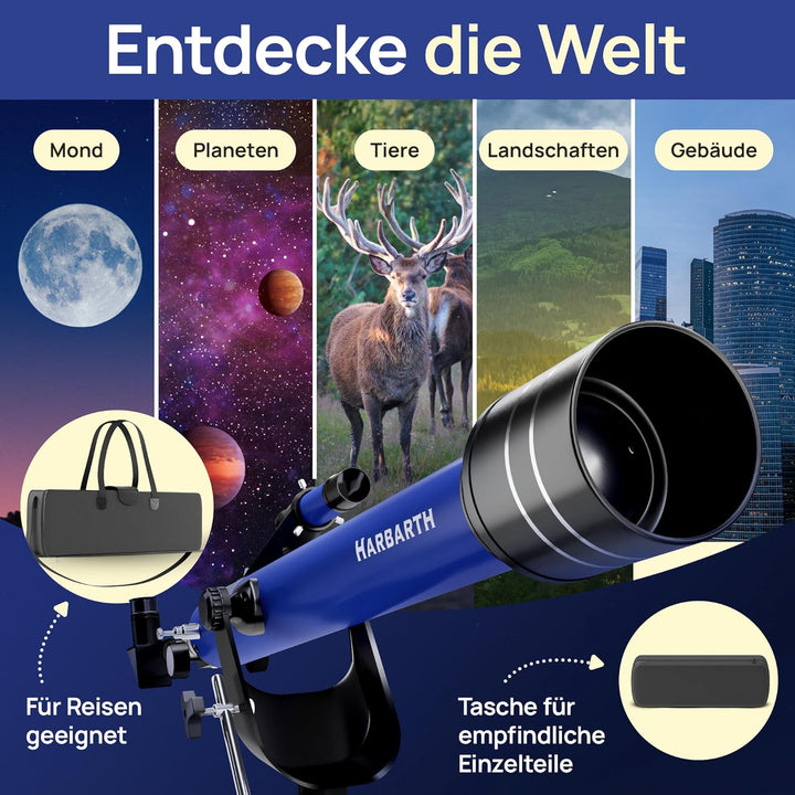 HARBARTH, Teleskop, Linsenteleskop + Okulare, Tasche, Handyhalterung für Bilder - Ideal für Erwachse