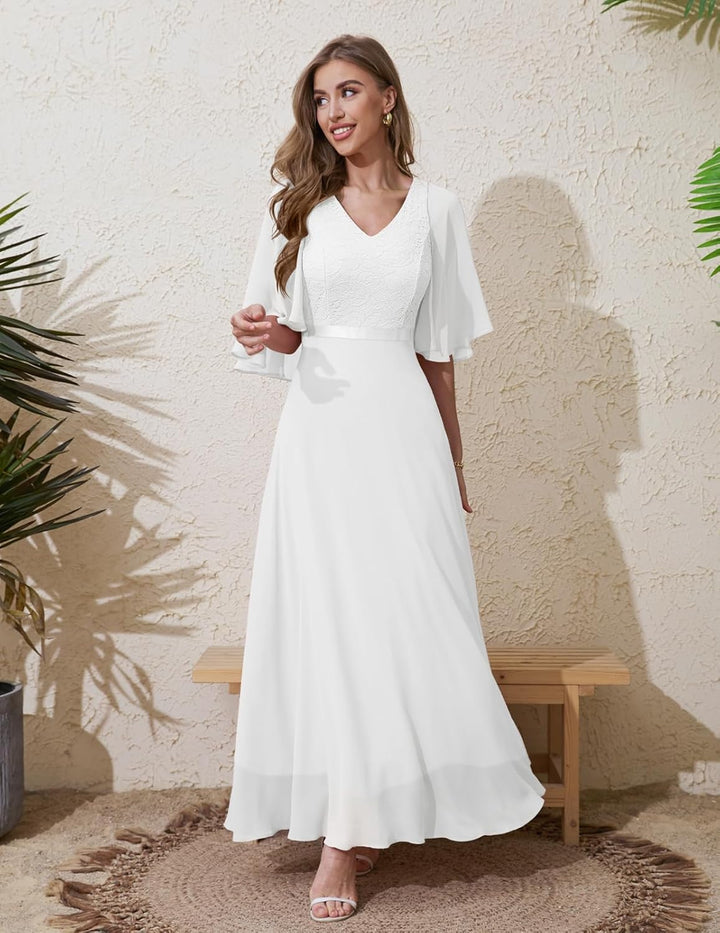 DRESSTELLS Abendkleid Damen Festlich Spitzenkleid für Hochzeit Chiffon Cape Ärmel Ballkleid Elegant