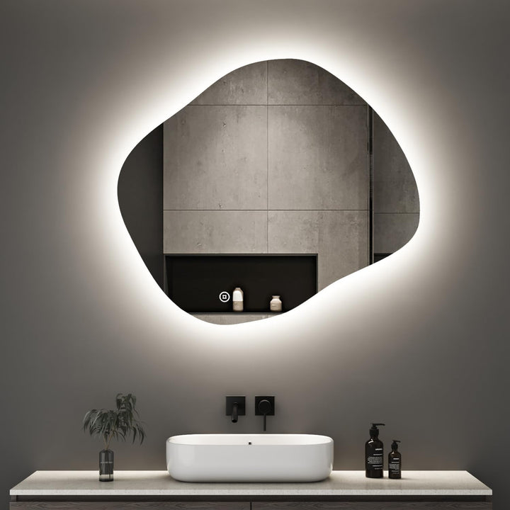 Boromal Asymmetrischer Spiegel mit Beleuchtung, Wandmontage, LED Spiegel mit Beleuchtung, 84x74cm, B
