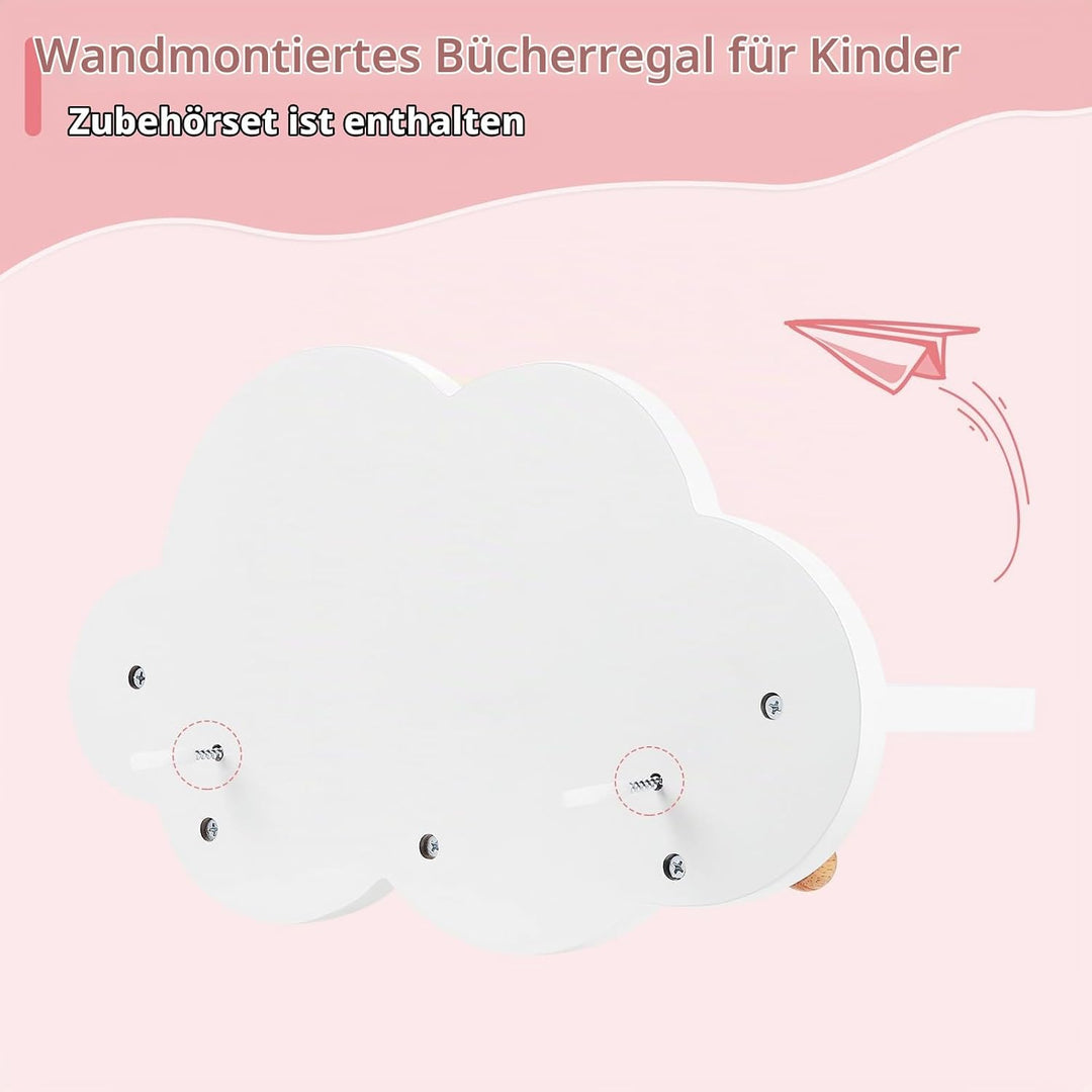 WOLTU 2er Set Wolkenregal, Kinder Garderobenhaken, Wandregal mit Haken, Hängeregal, Schweberegal wei