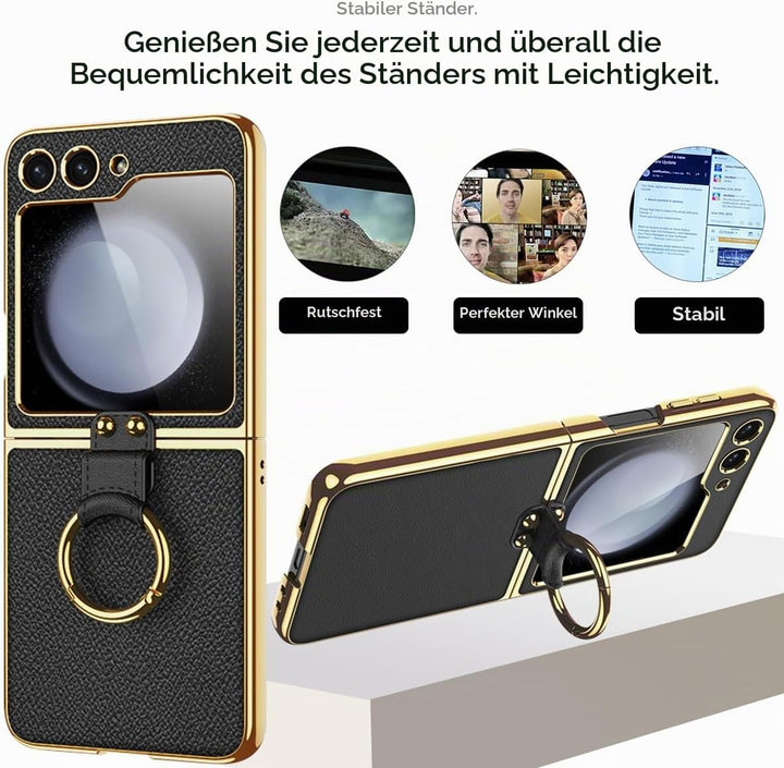 Miimall Lederhülle Kompatibel mit Samsung Galaxy Z Flip 6/Flip7 FE Hülle mit Band+Ring Ständer [HD D