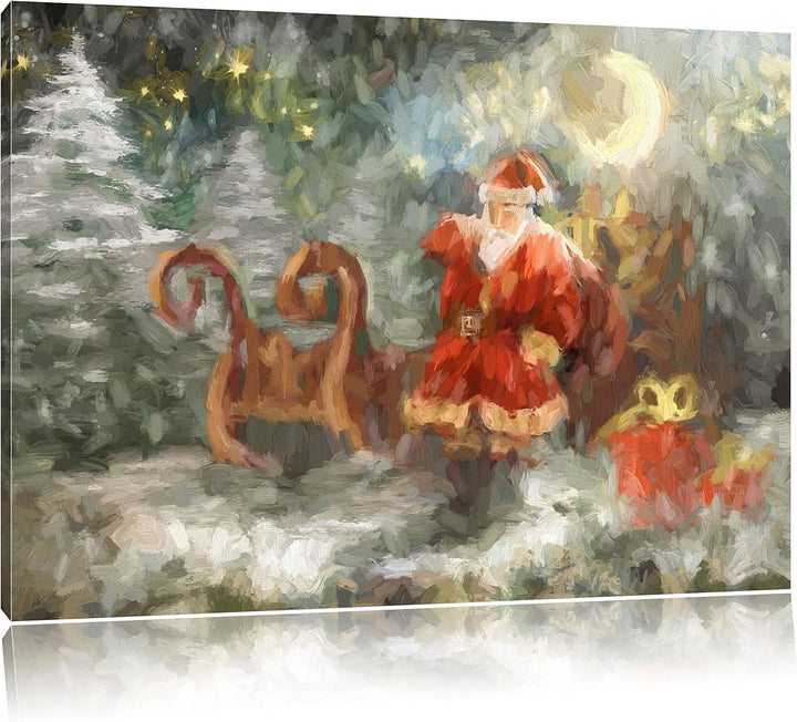 Pixxprint Weihnachtsmann mit Geschenken als Leinwandbild/Grösse: 100x70 cm/Wandbild/Kunstdruck/ferti