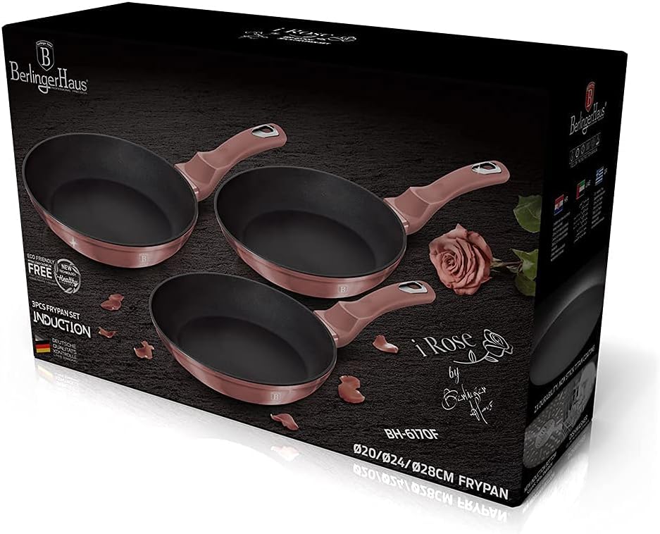 Berlinger Haus I-Rose Set 3 Bratpfannen Induktion 20-24-28cm, Aluminium, Antihaftbeschichtung Ökolog