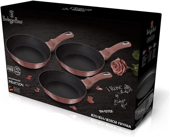Berlinger Haus I-Rose Set 3 Bratpfannen Induktion 20-24-28cm, Aluminium, Antihaftbeschichtung Ökolog