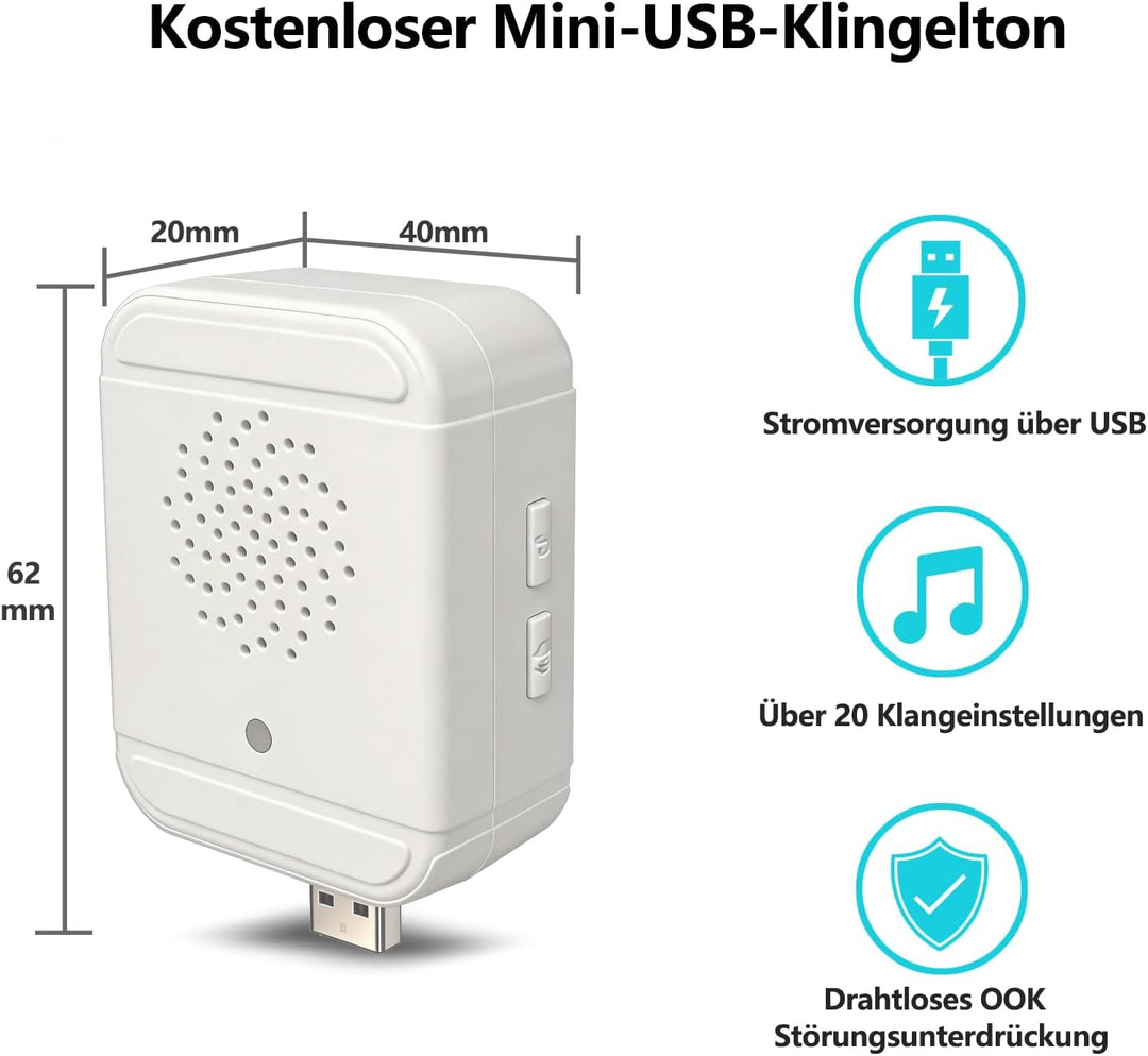 G-ELEK Smart Video Türklingel Kamera, WLAN 2,4 GHz, Nachtsicht, Cloud-Speicher, KI-Menschenerkennung