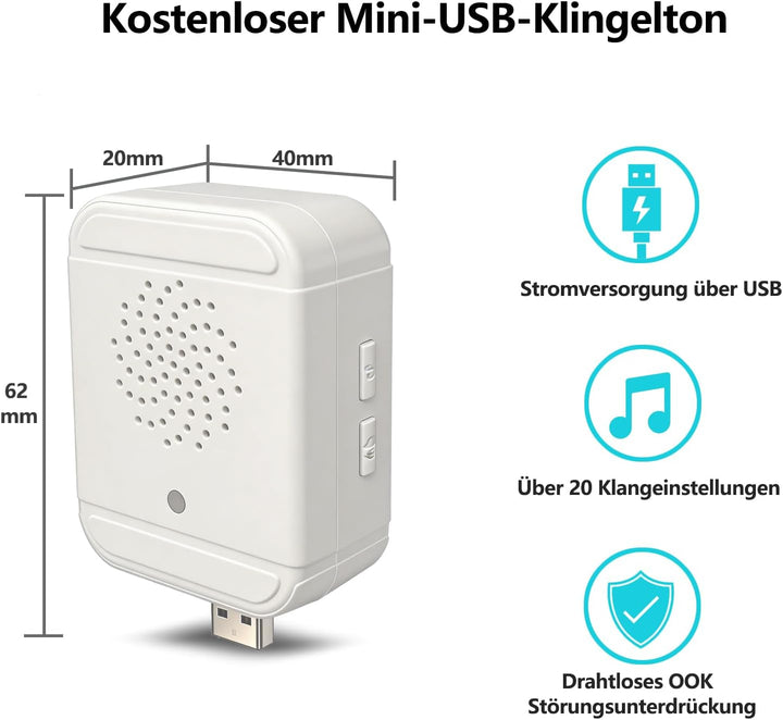 G-ELEK Smart Video Türklingel Kamera, WLAN 2,4 GHz, Nachtsicht, Cloud-Speicher, KI-Menschenerkennung