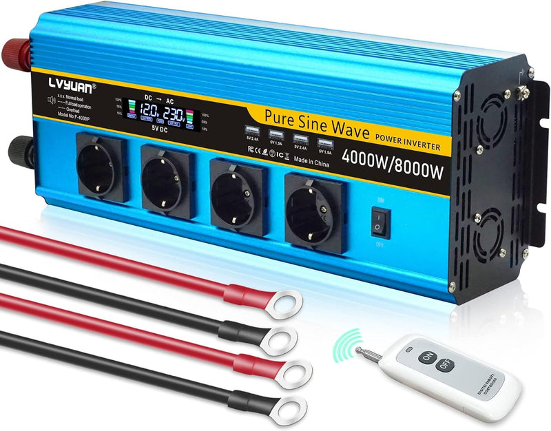 Yinleader Wechselrichter 24V 230V Reiner Sinus 4000W /8000W Spannungswandler 3 Steckdosen und 4 USB