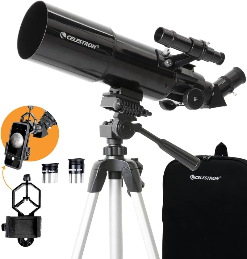 Celestron 22030 Travel Scope tragbares Refraktor-Teleskop 80 mm Linse mit vollvergüteter Glasoptik,