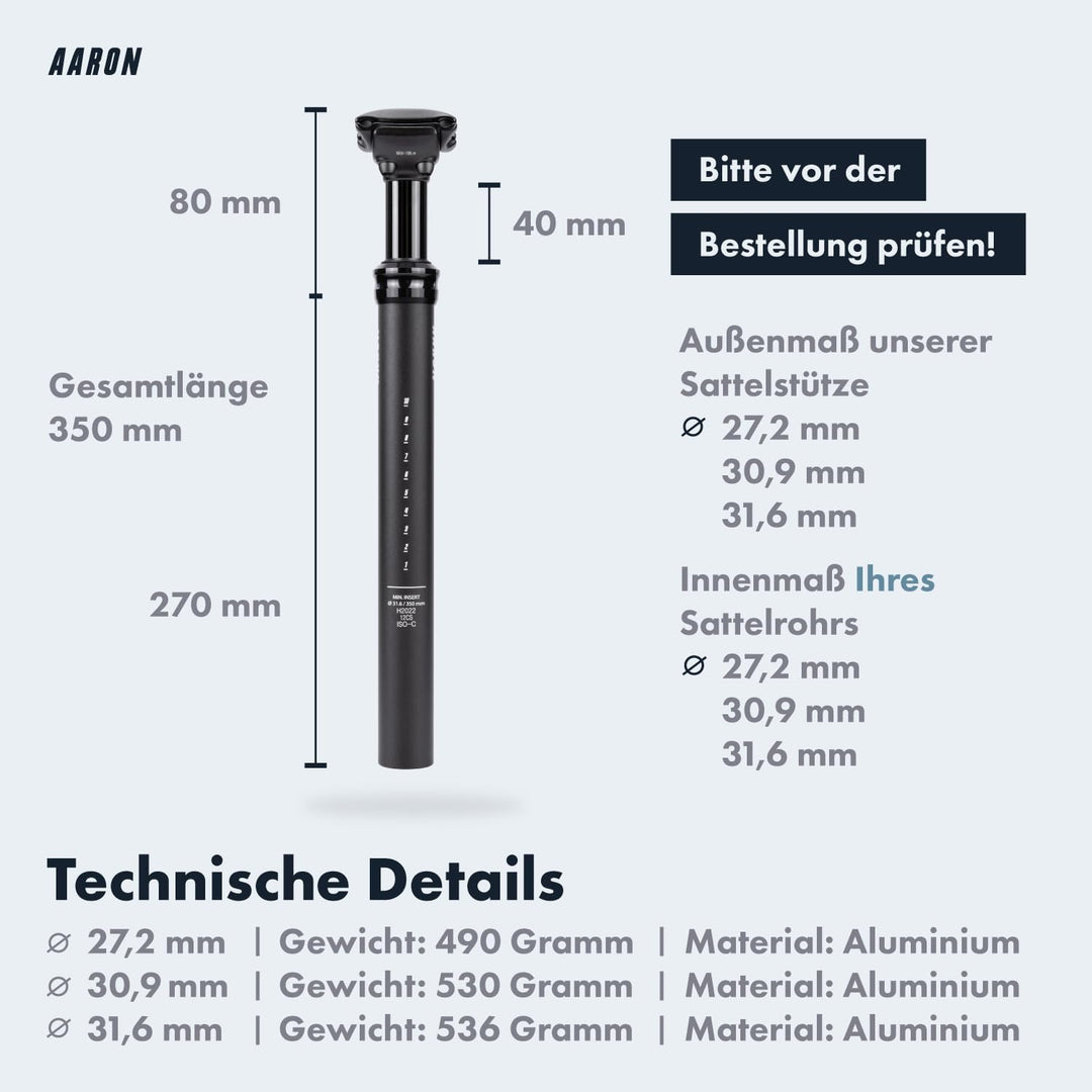 AARON Spring Federsattelstütze mit 27,2, 30,9 oder 31,6 mm Durchmesser - Gefederte Aluminium Sattels