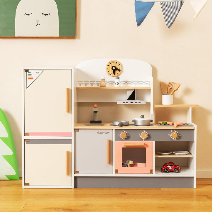 COSTWAY Kinderküche Holz, Spielküche mit Dustabzughaube, Kühlschrank, Wasserhahn & Küchenutensilien,