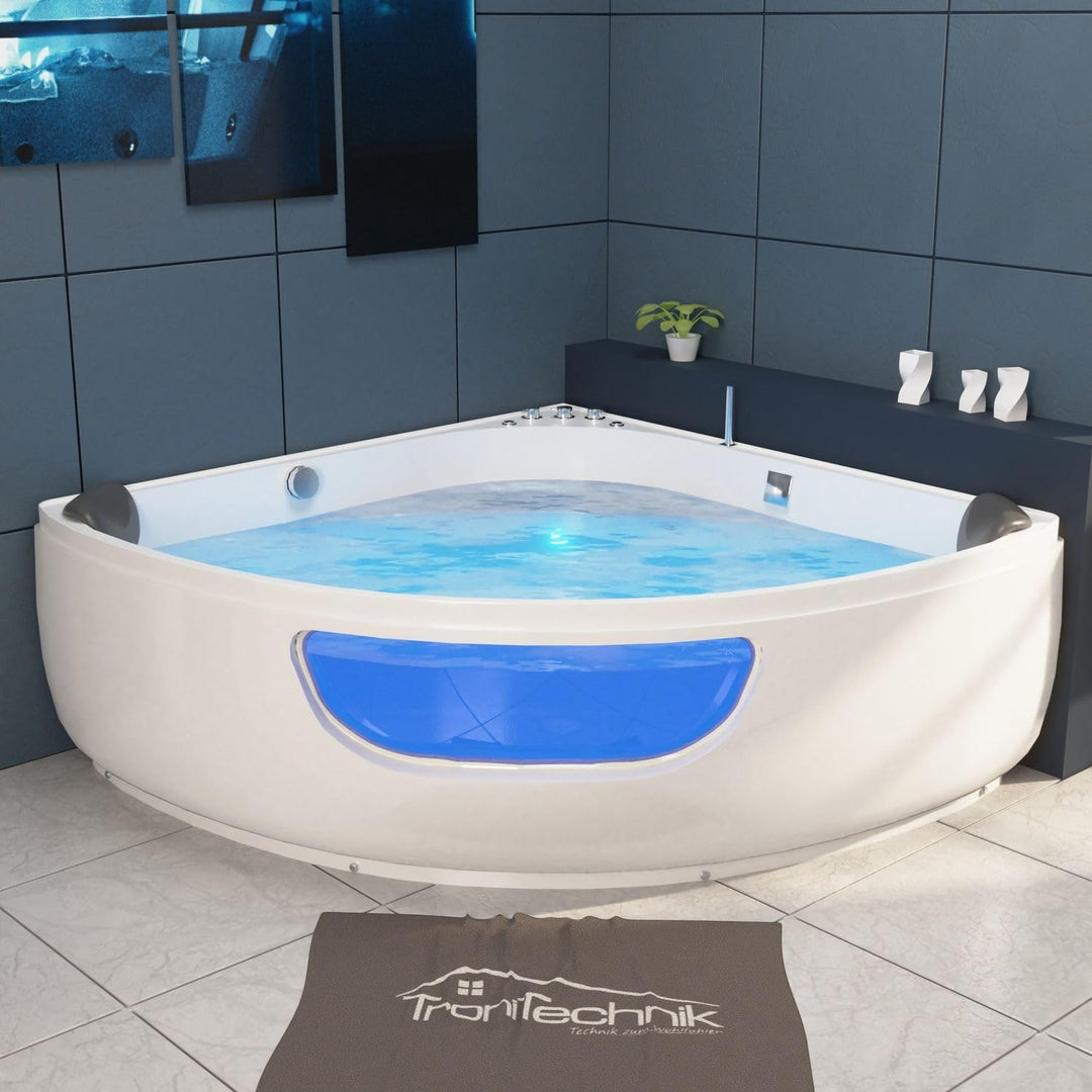 Tronitechnik® Eckbadewanne mit Whirlpool 135x135cm mit Sitz, Acrylwanne für Zwei Personen, Eck-Badew