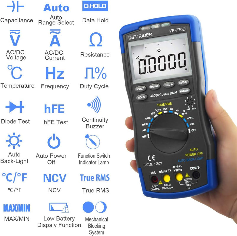 Digital Multimeter,INFURIDER YF-770D Auto Ranging 40000 Counts Spannungsprüfer Strommessgerät für DC