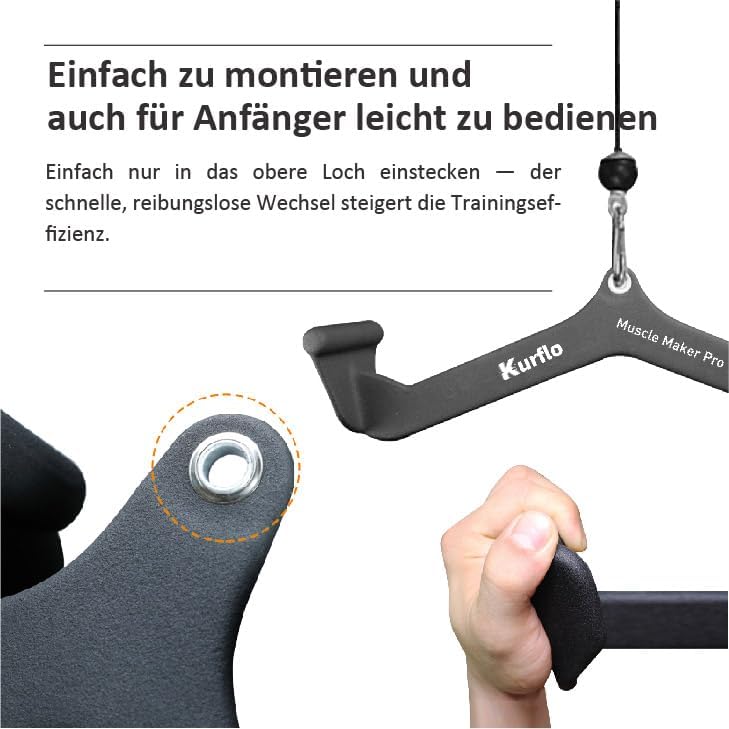 Kurflo Latzug-Aufsätze Set T-Stange V-Stange Trizeps-Zugstange, gummibeschichteter Griff, Kabelzug Z