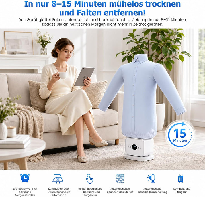 Automatischer Hemdenbügler, Bügelpuppe mit Heissluft &amp; 360°-Trocknung, Zeitfunktion, Tragbarer Bügel