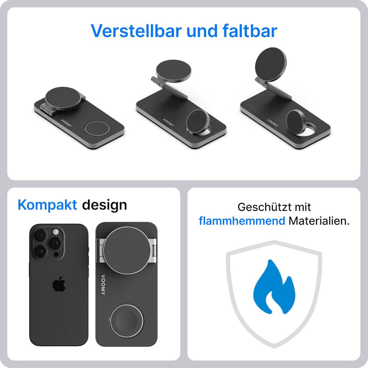 Voomy 3-in-1 Induktive Ladestation Kompatibel mit Magsafe Ladegerät, iPhone, AirPods & Apple Watch,
