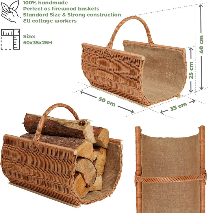 BOGATECO Weidenkorb mit Griff | Kaminkorb 50X35X25 | Handgewebt | Holzkorb mit Verstärkung 50 x 25 x