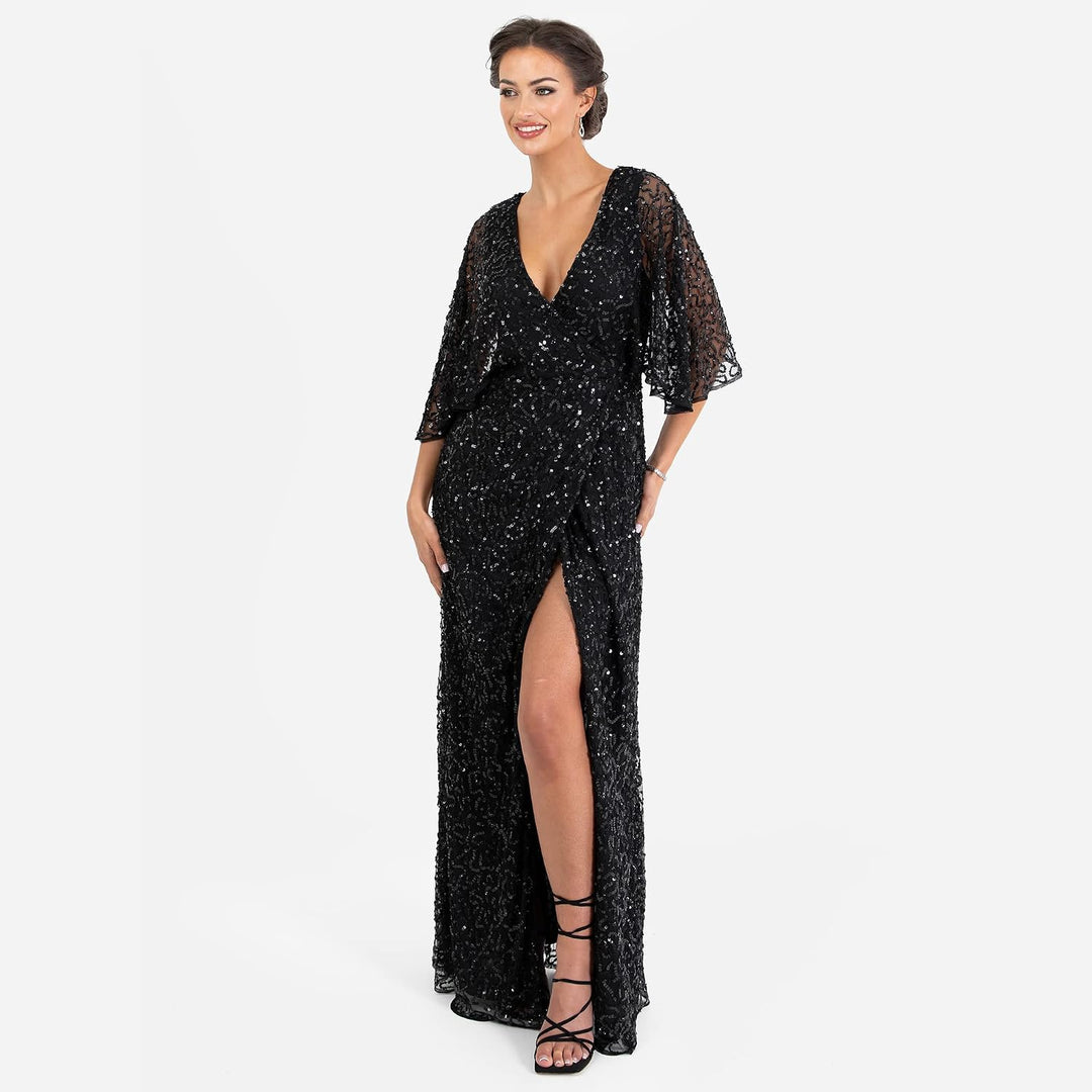 Maya Deluxe Damen Womens Maxi Dress Ladies Sequin Embellished Wrap A-line Dress for Wedding Guest Br