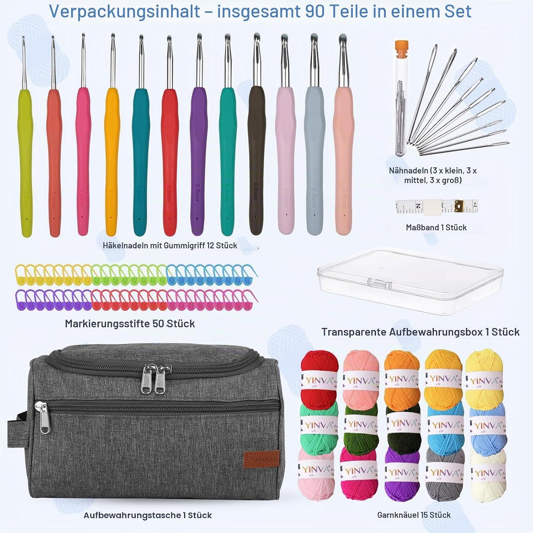 YINVA Beginners Häkelset für Anfänger Häkelnadel Set 15Pcsx25g Häkelgarn 2mm-8mm Ergonomische Häkeln