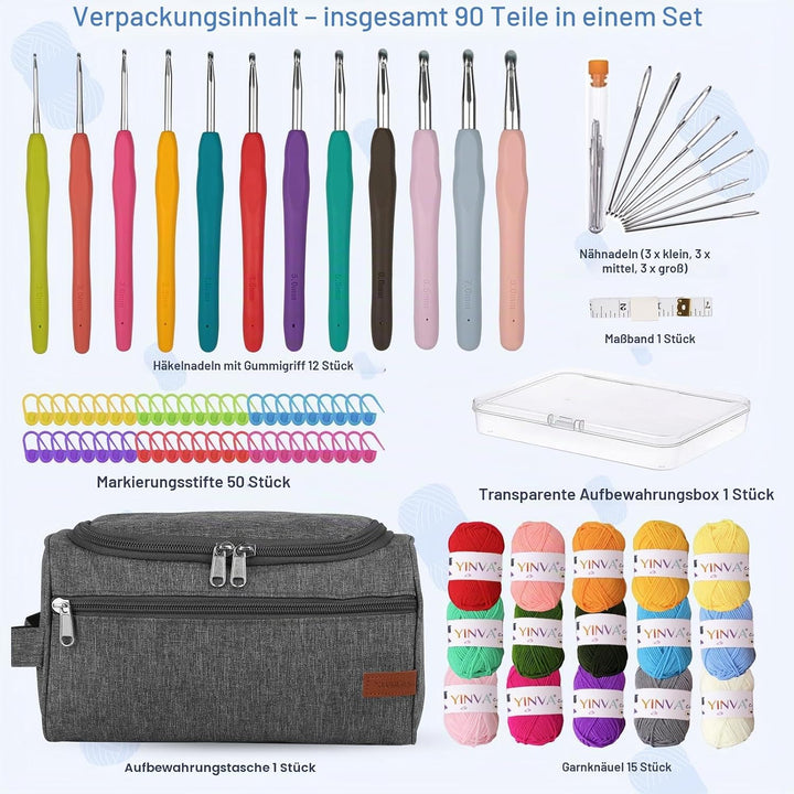 YINVA Beginners Häkelset für Anfänger Häkelnadel Set 15Pcsx25g Häkelgarn 2mm-8mm Ergonomische Häkeln
