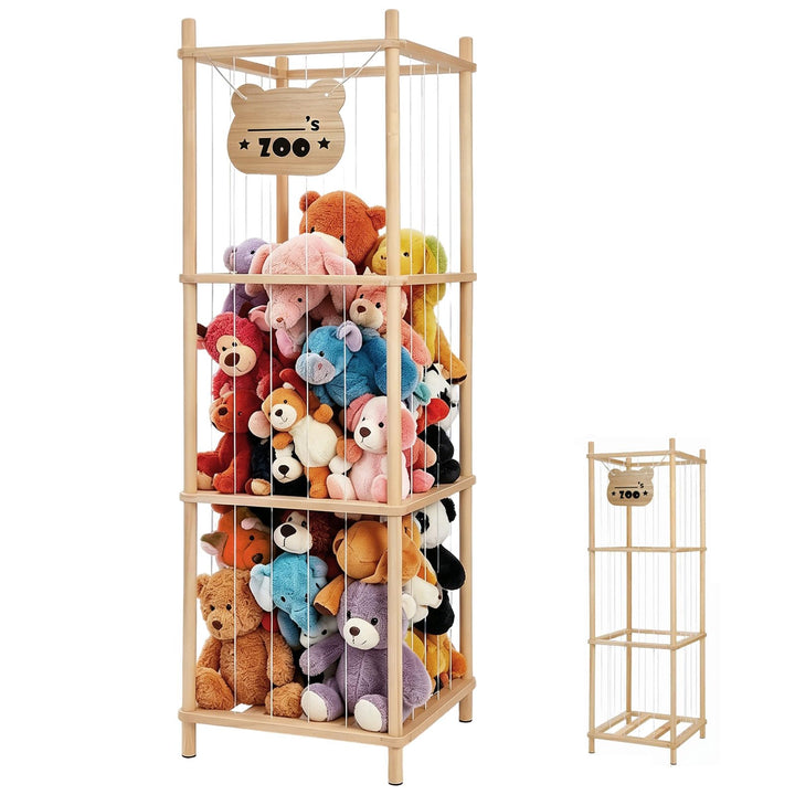 Kuscheltier Aufbewahrung Holz, 136 x 40 x 40 cm Stofftier Aufbewahrung Regal Kuscheltiere mit Elasti