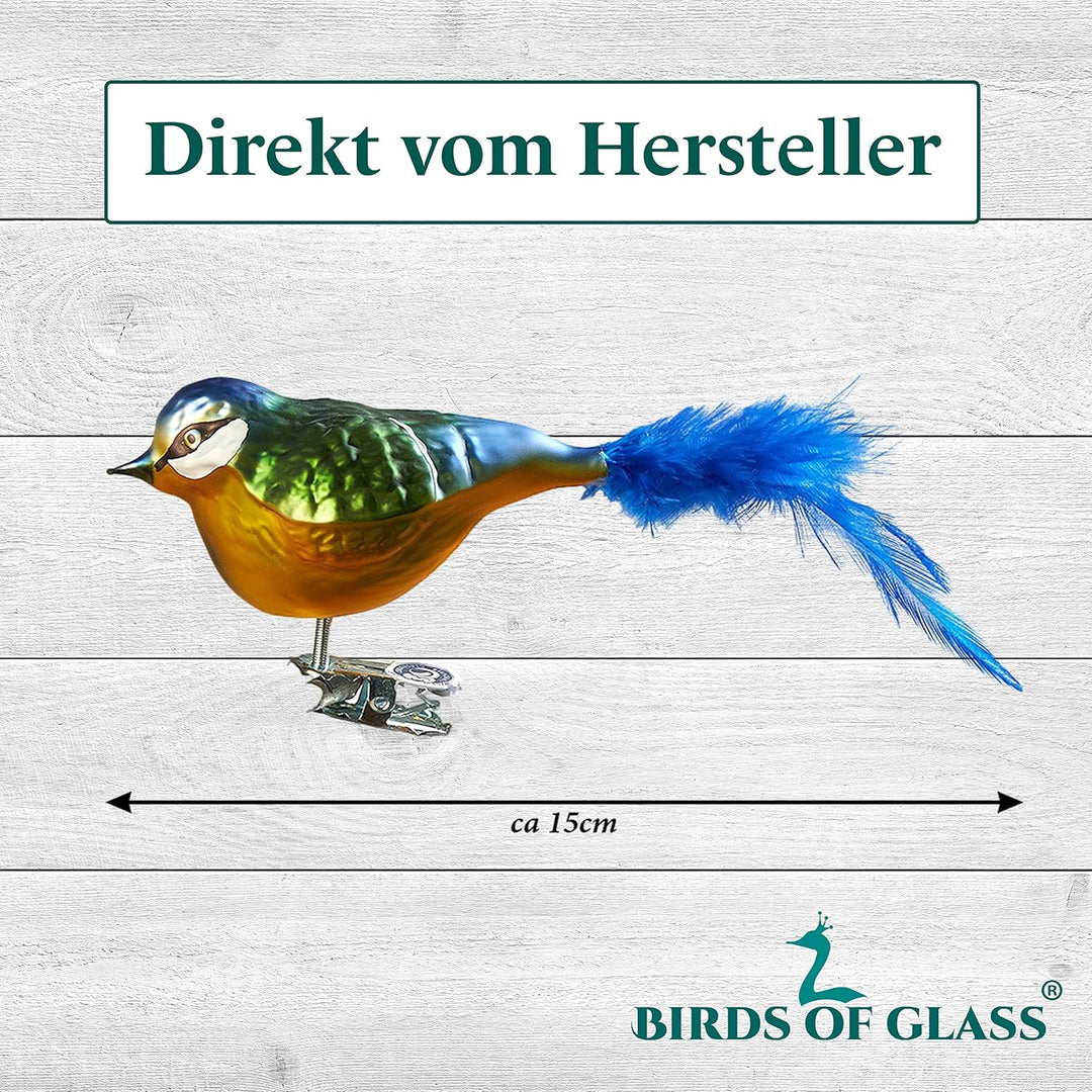 Birds of Glass® Glas-Vogel, Blaumeise mit Naturfeder | Glasschmuck Made in Germany aus eigener Herst